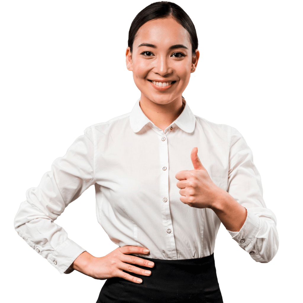 portrait smiling young businesswoman with hand her hips showing thumb up sign